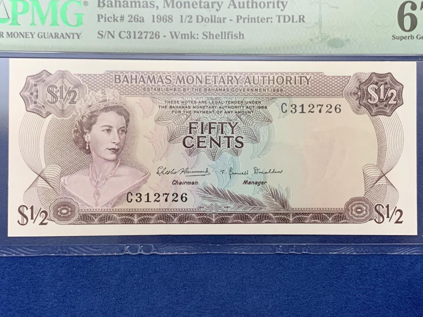 《竞宝斋》第461场 周日，周一，2场连拍 （全场包邮）欢迎送拍 PMG 67EPQ 巴哈马 1968年 女王 1/2元 彩背 高分