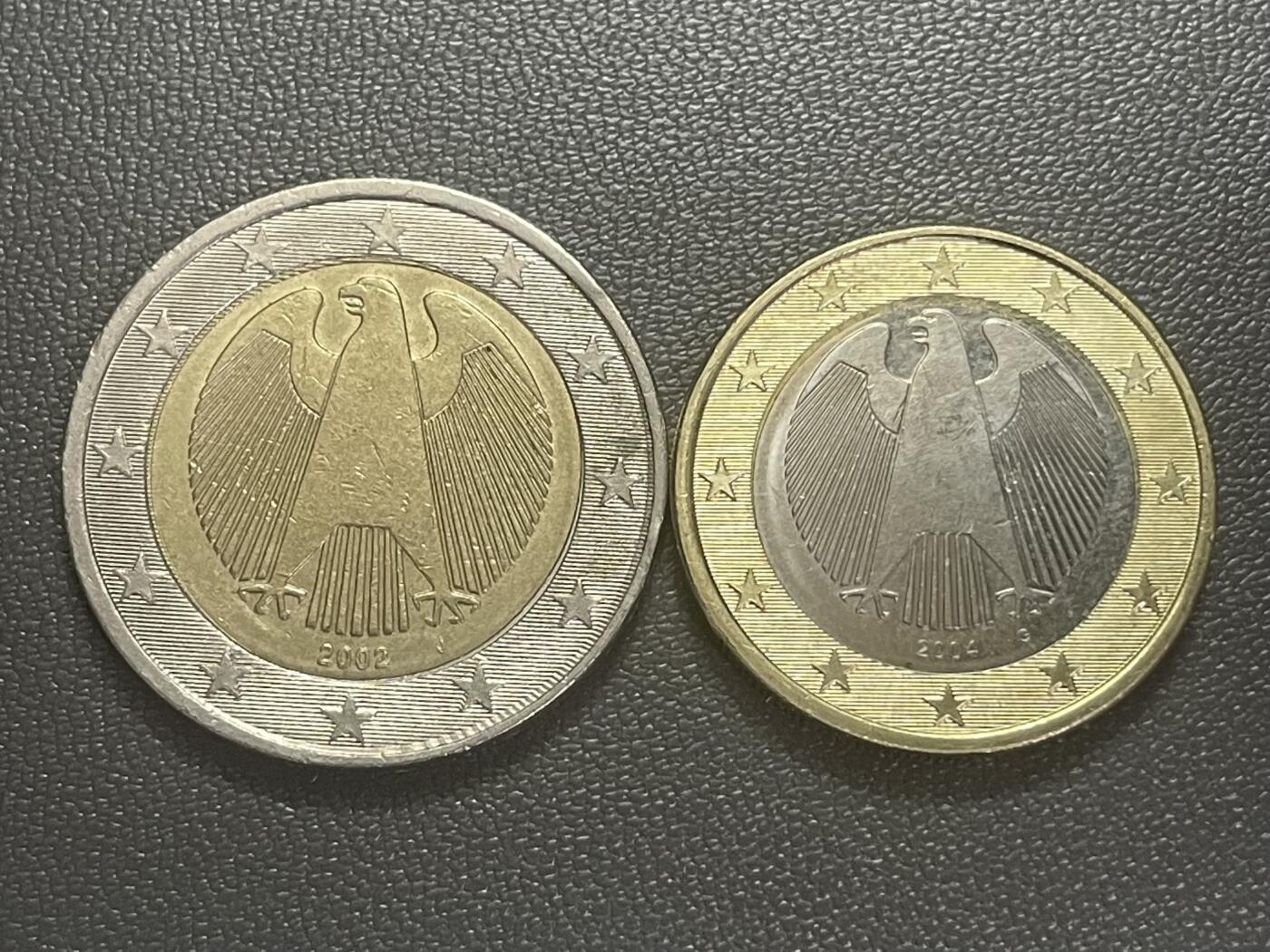 回流0125 德国2004年1欧元、2002年2欧元双色币 联邦鹰