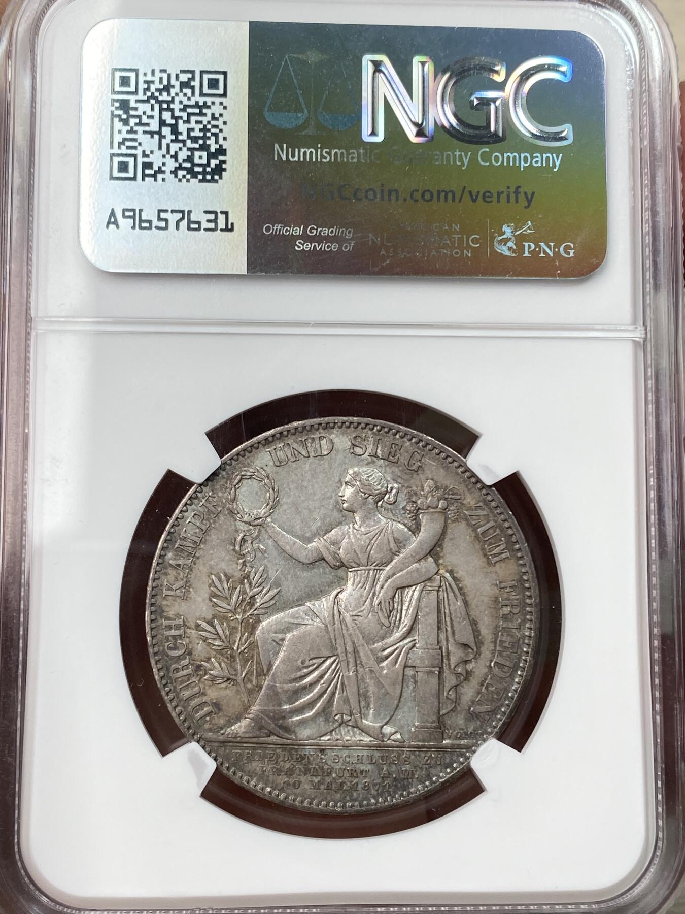 万国钱币拍卖第059期 NGC AU55 1871德国巴伐利亚路德维希二世普法胜利泰勒 经典拜仁胜利女神 原味德式五彩 观感远超分数的状态