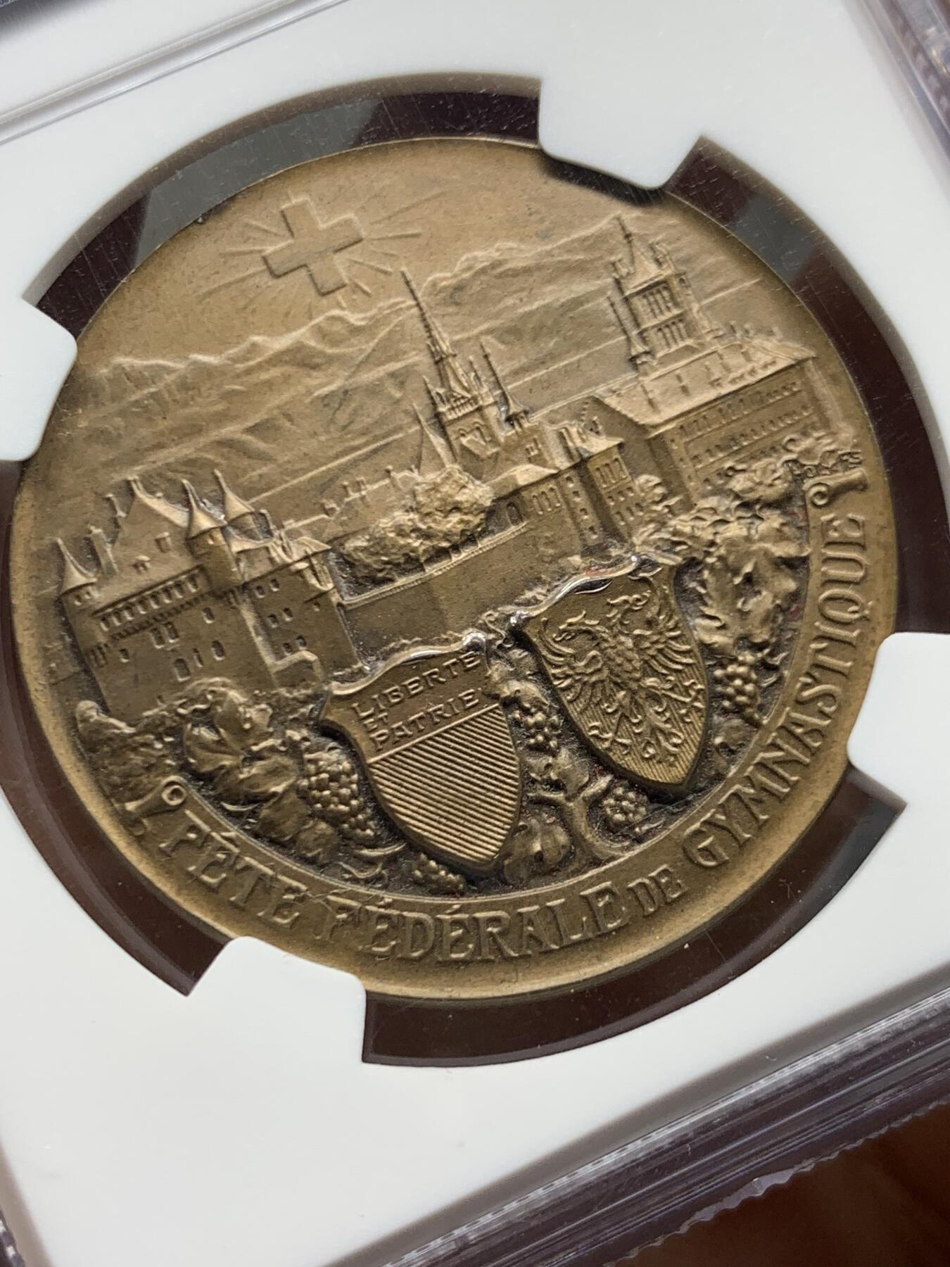 《竞宝斋》第461场 周日，周一，2场连拍 （全场包邮）欢迎送拍 NGC MS65BN 1909年 瑞士洛桑 城市景观铜章 超燃品相 高分好状态