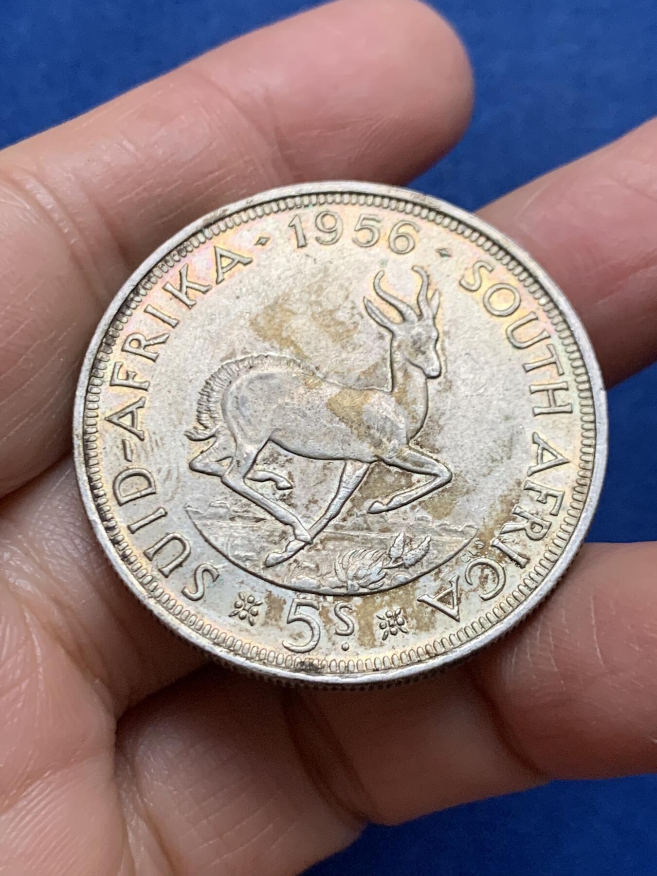 《竞宝斋》第461场 周日，周一，2场连拍 （全场包邮）欢迎送拍 英属南非1956年伊丽莎白二世跳羚羊版5先令银币 细节见图 28.2g