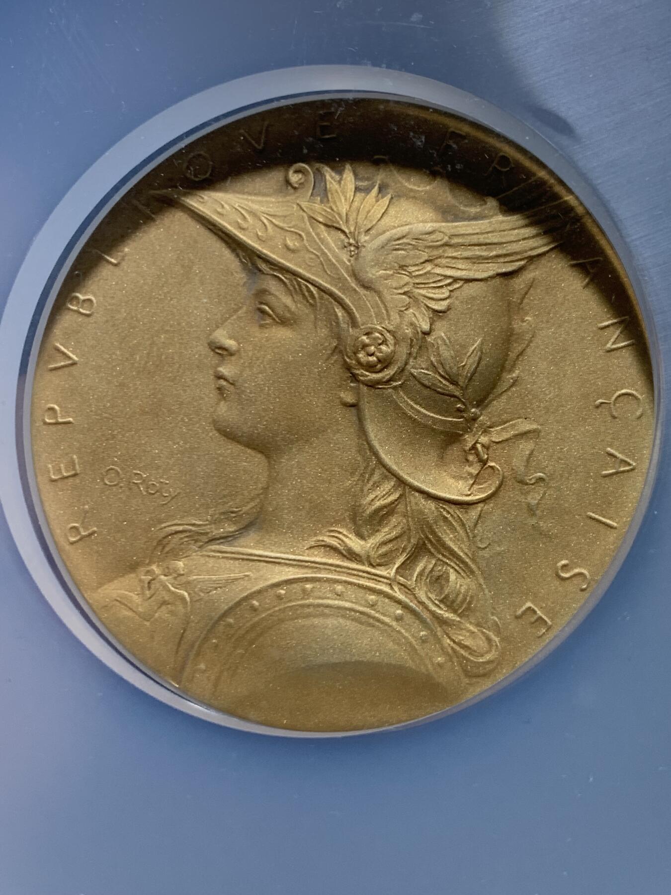 《竞宝斋》第461场 周日，周一，2场连拍 （全场包邮）欢迎送拍 NGC MS65 罗蒂作品 戎装玛丽安娜镀金银章 50mm 丰饶角边铭+argent 银标 战争动员 卫国练兵 主题银章