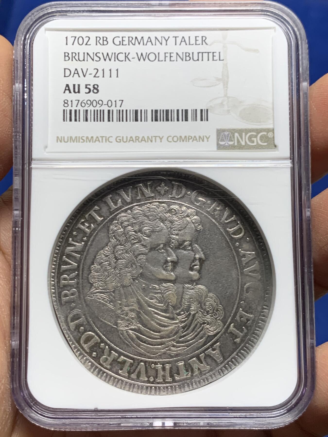 《竞宝斋》第461场 周日，周一，2场连拍 （全场包邮）欢迎送拍 NGC AU58 亚军分 德国不伦瑞克-沃尔芬比特尔 1702 泰勒银币 安东·乌尔里希、鲁道夫·奥古斯特共治时期发行 罕见品种 加厚盒封装