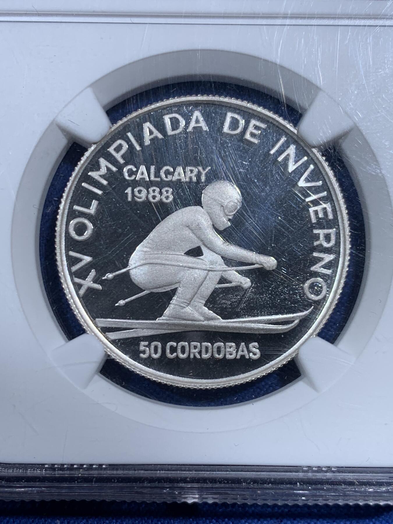 《竞宝斋》第461场 周日，周一，2场连拍 （全场包邮）欢迎送拍 NGC PF68UC 中美洲尼加拉瓜1988年卡尔加里奥运会滑雪50科多巴银币 16.6g 825银