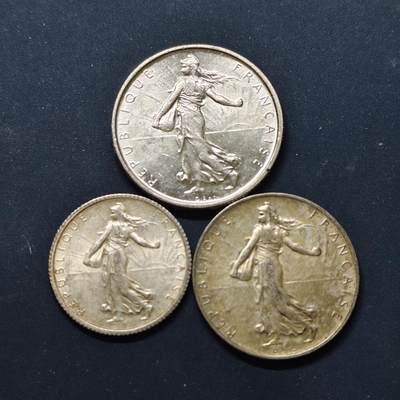 【全场包邮】纯粹捡漏拍499场-持续更新中 - 法国1916-1963年1-2-5法郎播种女神3枚套币【29毫米12克83.5%+27.5毫米10克83.5%+23毫米5克83.5%，纯银价约631元（按28元银价估算）】