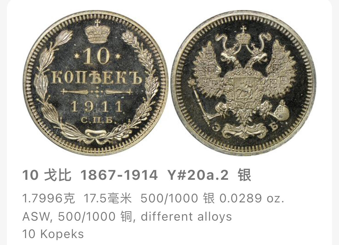 回流0125 沙皇俄国1896年10戈比银币 银价1.73*0.5*25=21元