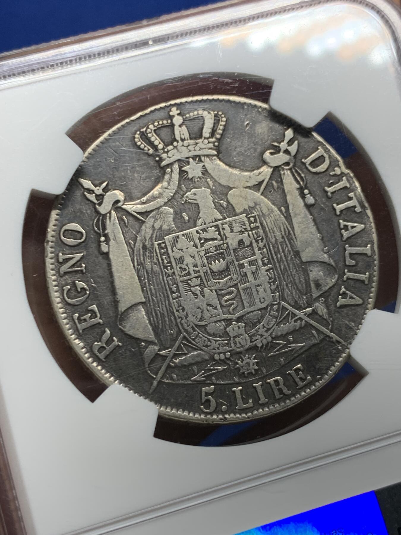 《竞宝斋》第461场 周日，周一，2场连拍 （全场包邮）欢迎送拍 NGC VG10 法属意大利 1808年 拿破仑5里拉银币 深色包浆原味状态