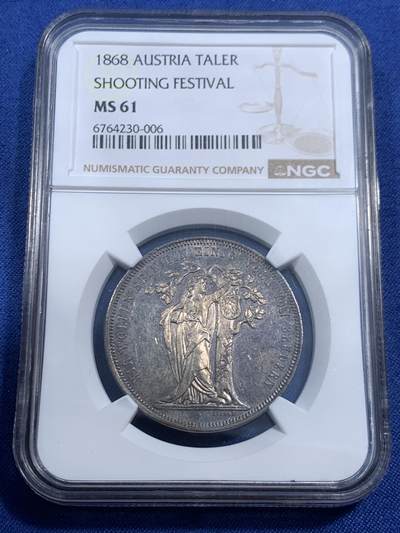 《竞宝斋》第461场 周日，周一，2场连拍 （全场包邮）欢迎送拍 - NGC MS61 奥地利1868年射击节泰勒银币 紫罗兰包浆 橡树题材
