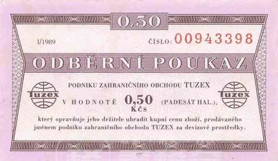 小福收藏拍卖第199期 裸钞场 本期有多张豹子号靓号 瑞士1000法郎 经典提香 毛里求斯首发年大全套 白俄罗斯5000000卢布 苏里南10000盾  爱沙尼亚  苏丹 西班牙 保加利亚 古巴等多国精美纸币 - 捷克斯洛伐克 1989年 0.5 Koruna Tuzexová poukáz aunc