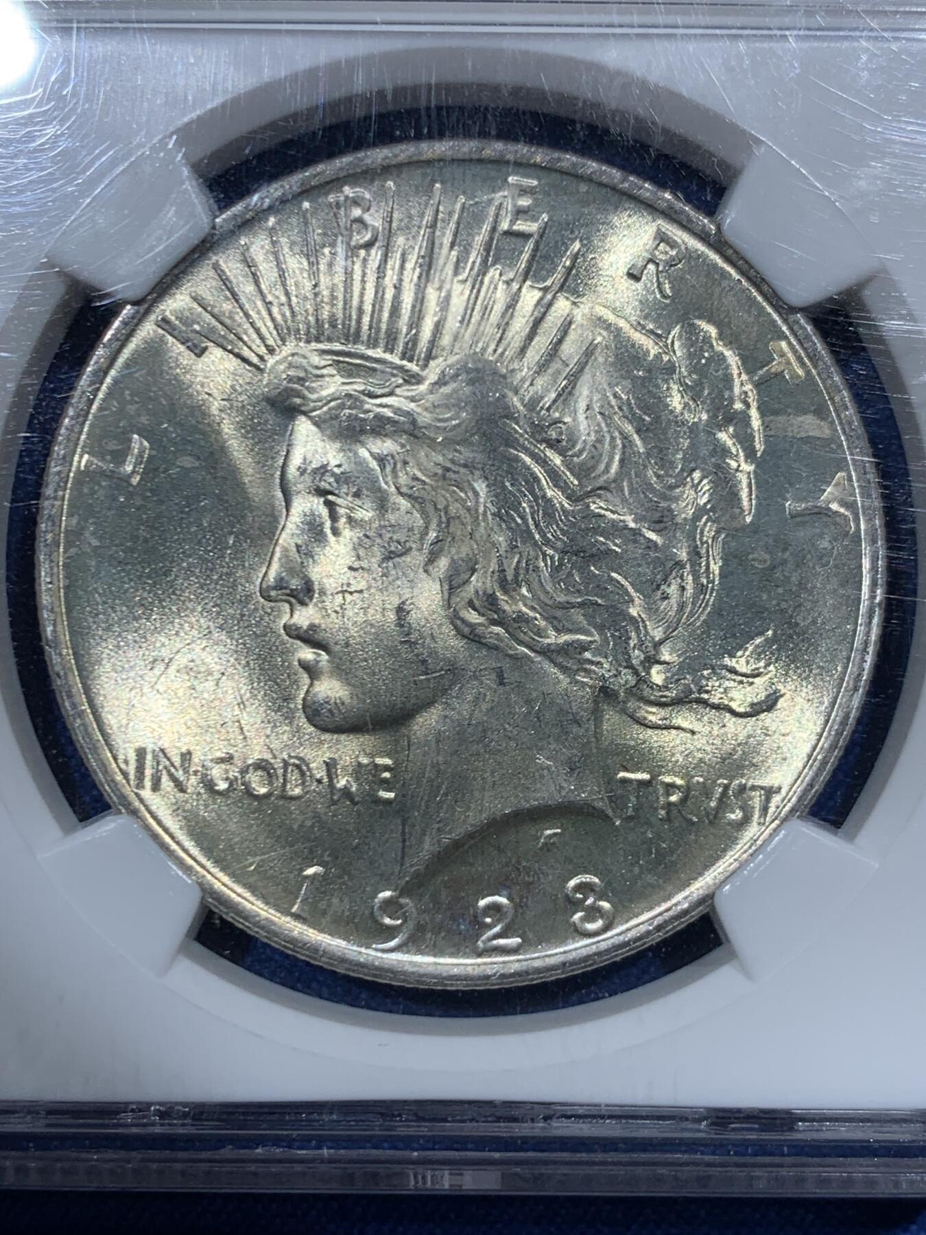 《竞宝斋》第461场 周日，周一，2场连拍 （全场包邮）欢迎送拍 NGC MS63 美国1923年和平1美元银币 早期标签 曝光状态 值得收藏