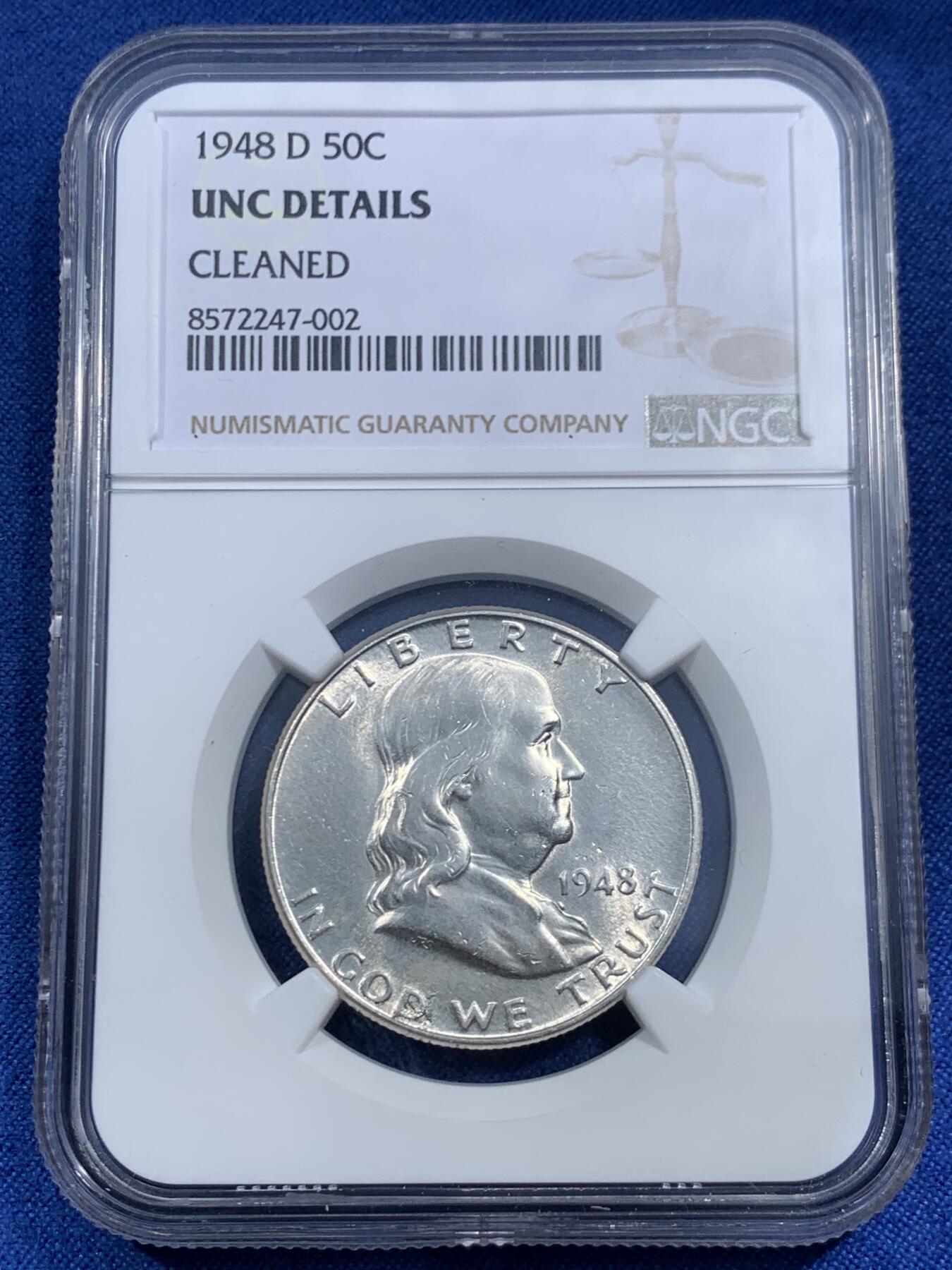 《竞宝斋》第461场 周日，周一，2场连拍 （全场包邮）欢迎送拍 NGC UNCD 美国1948D富兰克林50美分银币 首年版