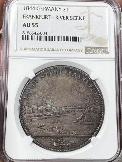 万国钱币拍卖第059期 - NGC AU55 1844德国法兰克福自由市河景2泰勒 名誉景观品种 热度居高不下 厚重欧陆五彩极美 状态舒适