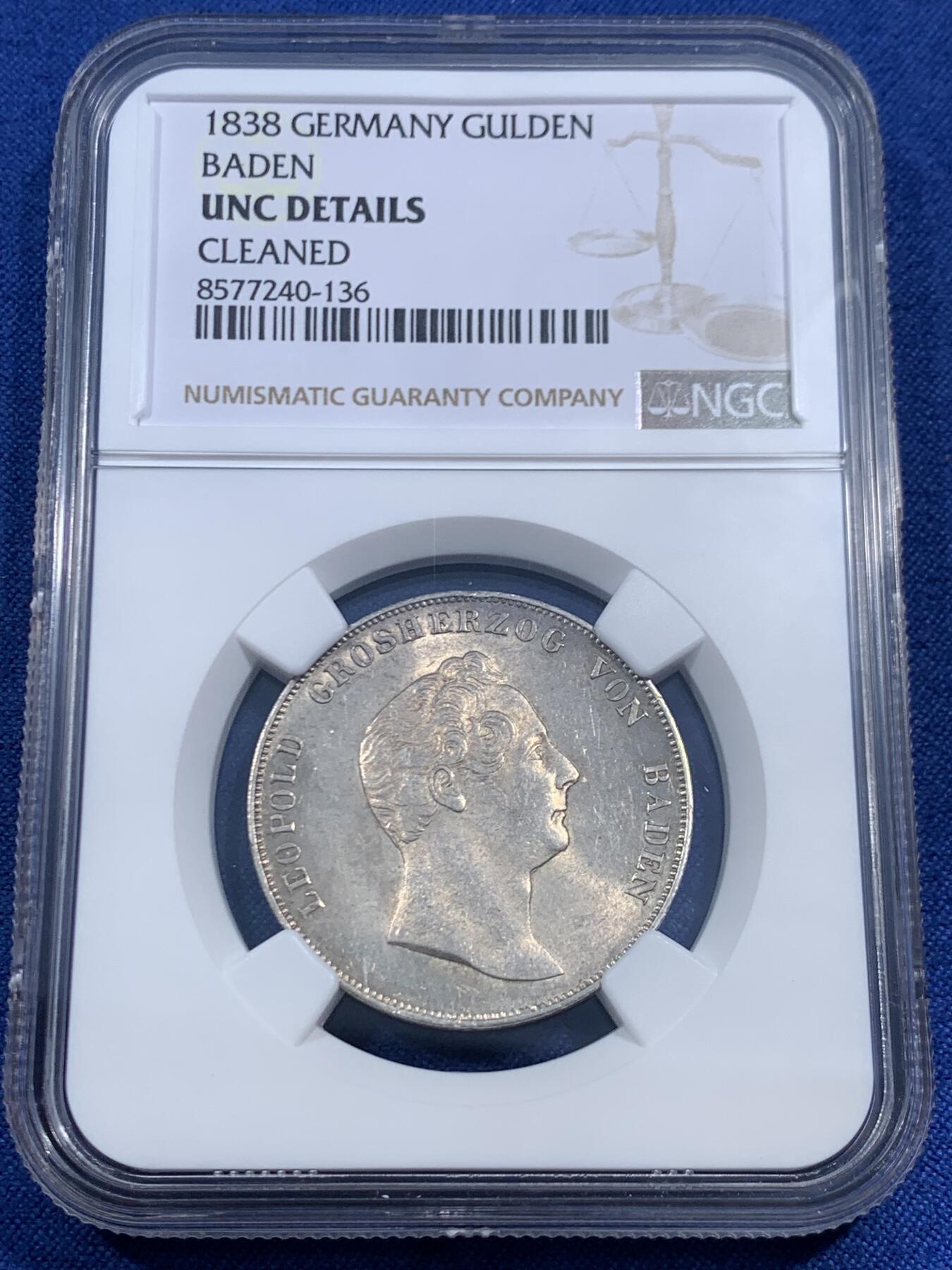 《竞宝斋》第461场 周日，周一，2场连拍 （全场包邮）欢迎送拍 NGC UNCD 德国巴登1838利奥波德一盾银币，光度状态都很不错，可以尝试重评