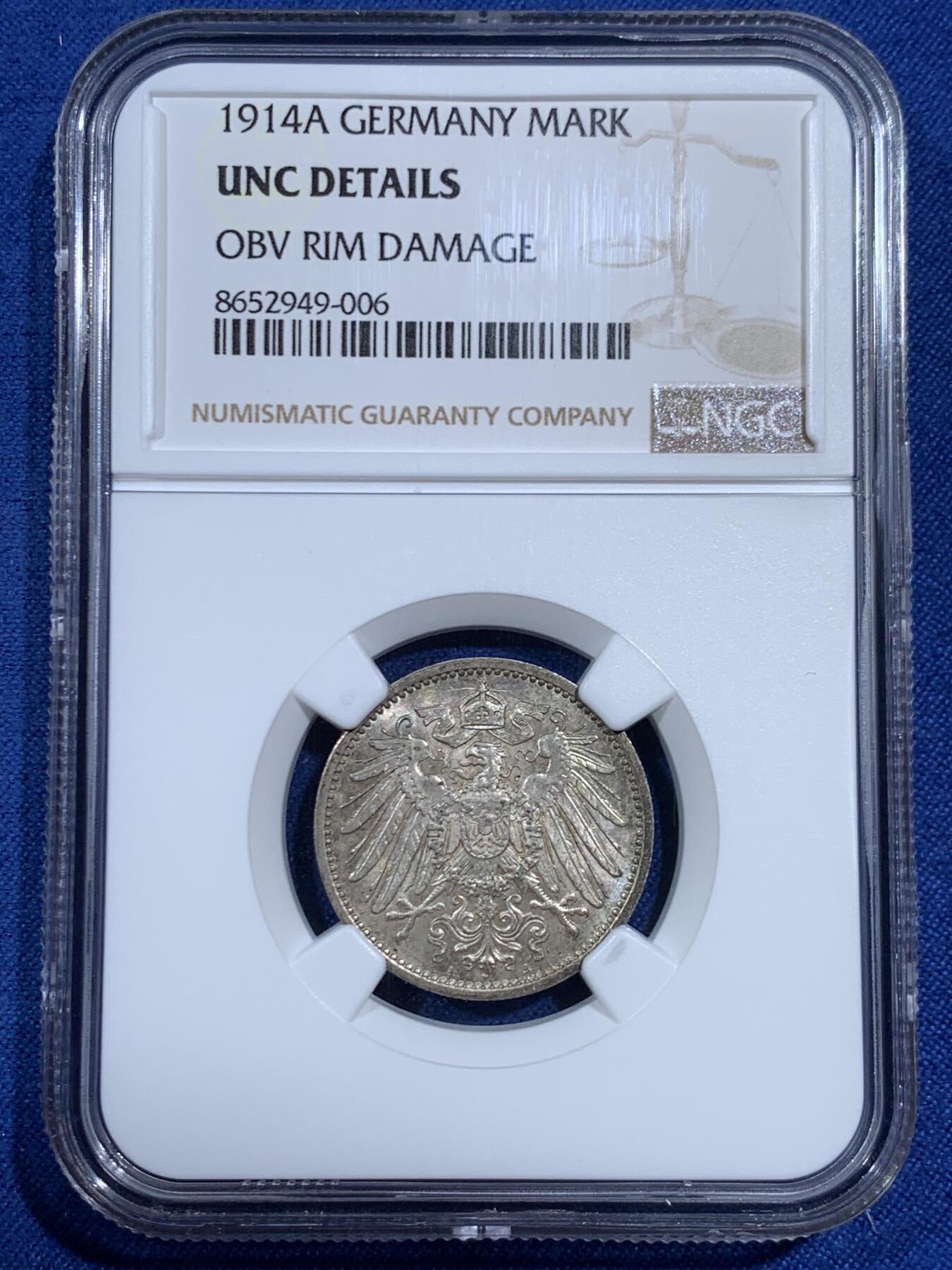 《竞宝斋》第461场 周日，周一，2场连拍 （全场包邮）欢迎送拍 NGC UNC 德国1914年1马克银币 双面原味带彩