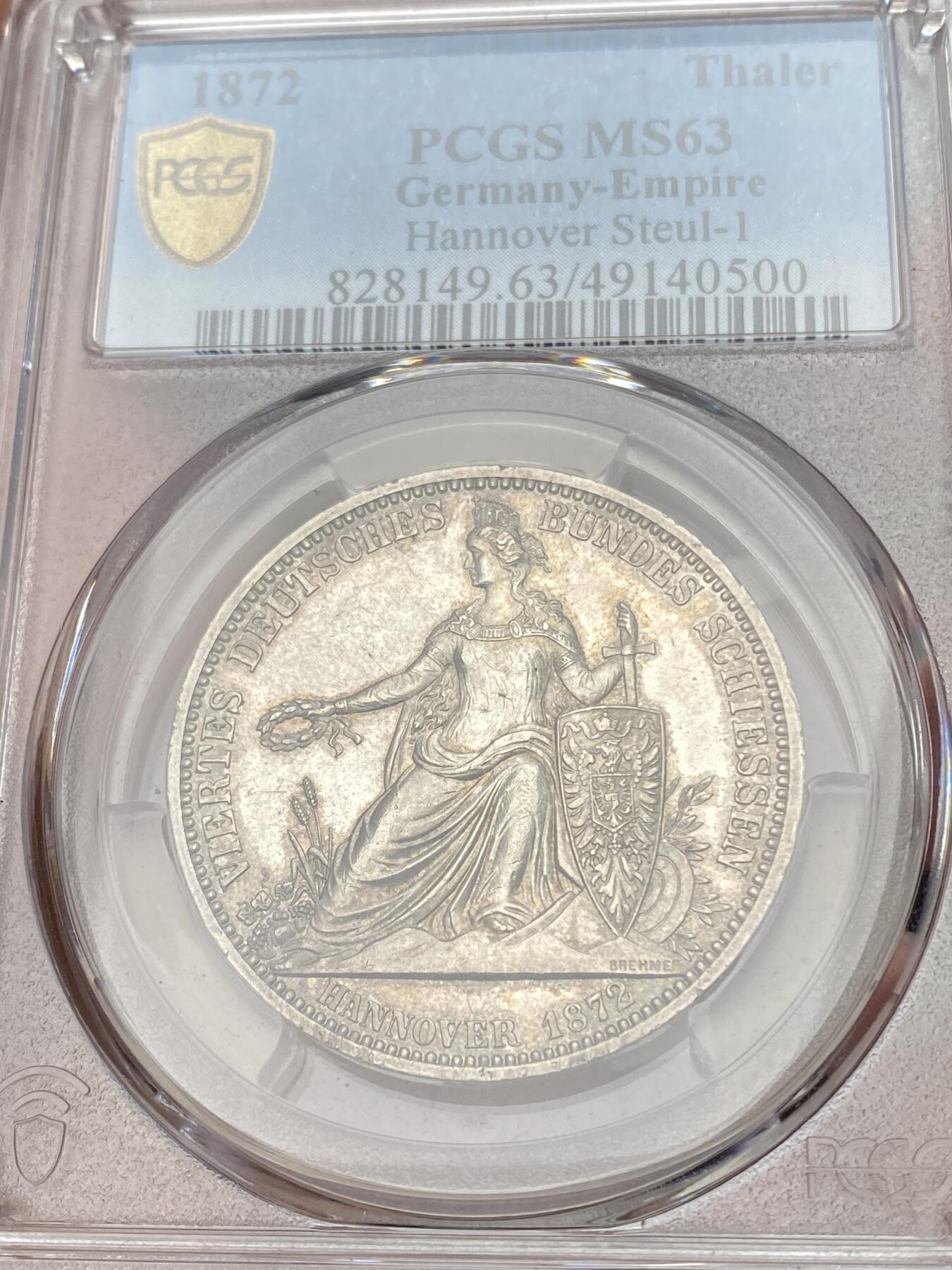 万国钱币拍卖第059期 PCGS MS63 1872汉诺威射击节女武神泰勒 发行量6317枚 高浮雕喷砂质感 原味香槟淡彩