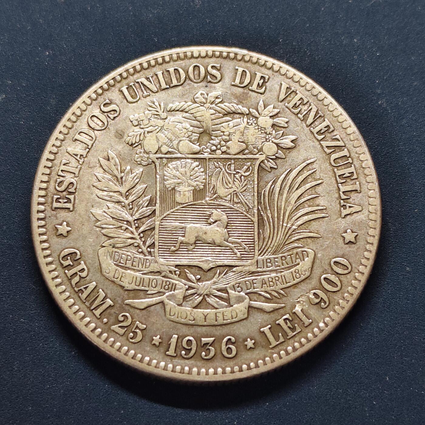 【全场包邮】纯粹捡漏拍499场-持续更新中 委内瑞拉1936年5玻利瓦尔银币【37毫米25克90%，纯银价约630元（按28元银价折算）】