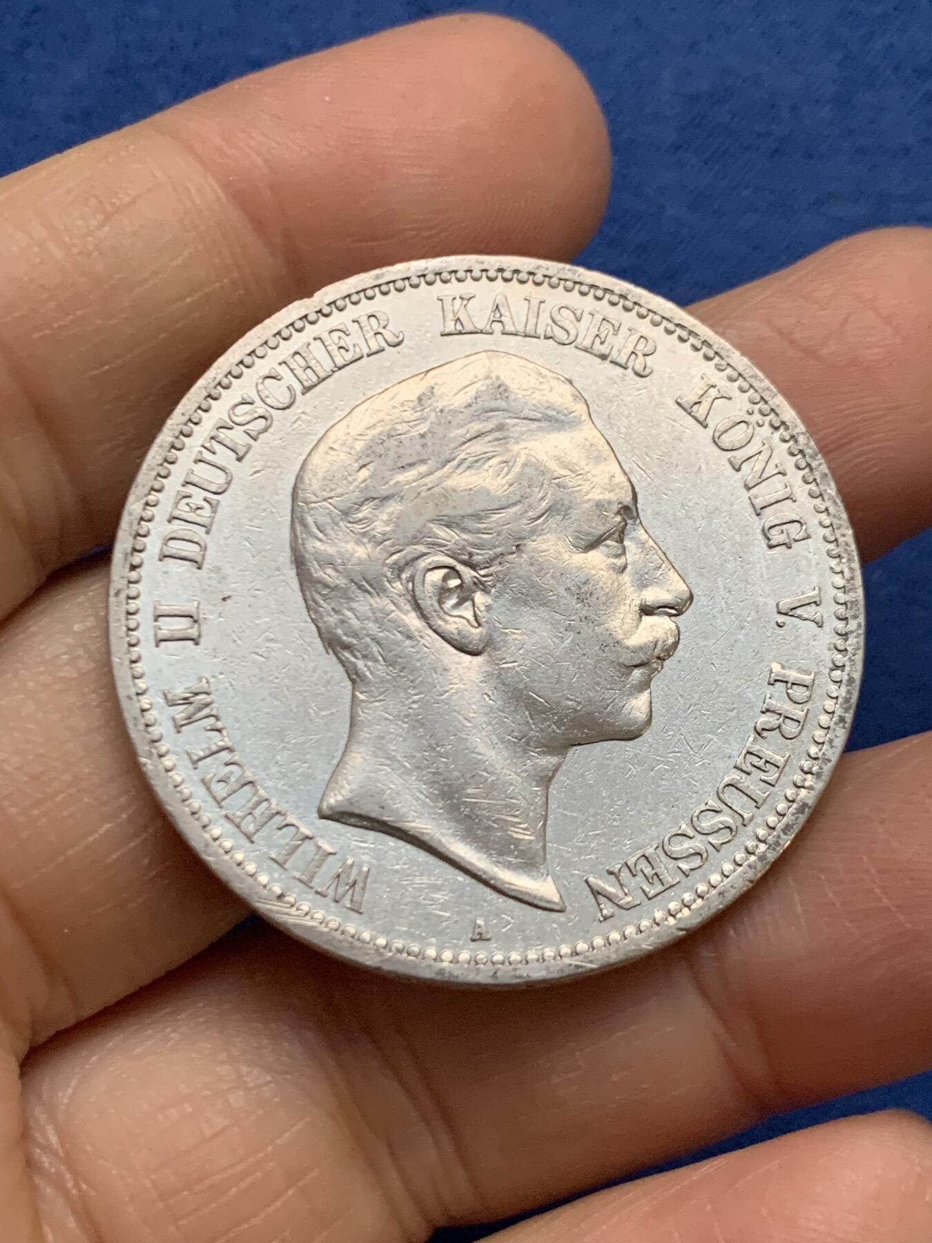 《竞宝斋》第461场 周日，周一，2场连拍 （全场包邮）欢迎送拍 德国普鲁士1903年威廉二世5马克银币