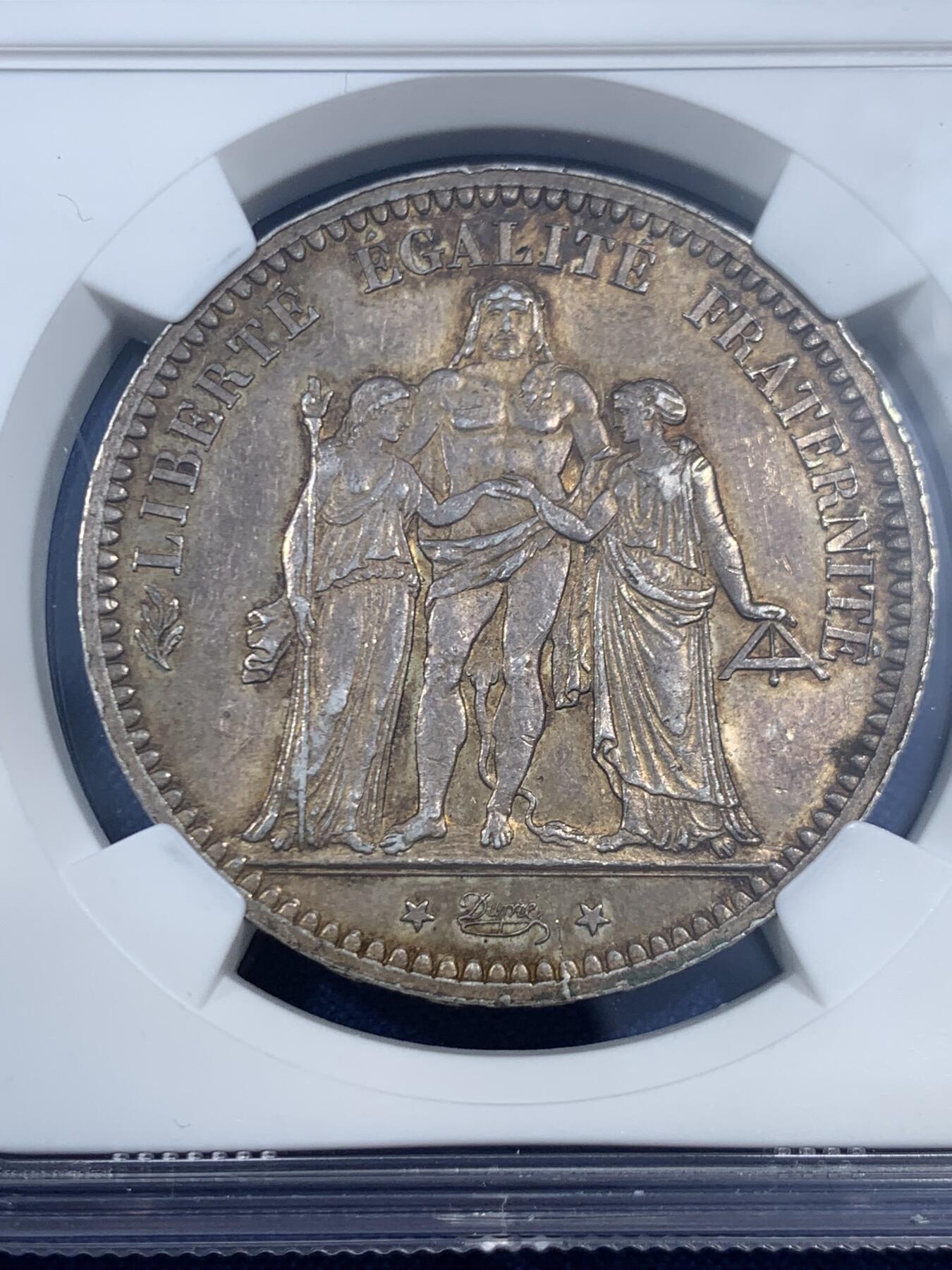 《竞宝斋》第461场 周日，周一，2场连拍 （全场包邮）欢迎送拍 NGC MS62 法国 1873年 大力神 5法郎 银币 银价暴涨 原味难得