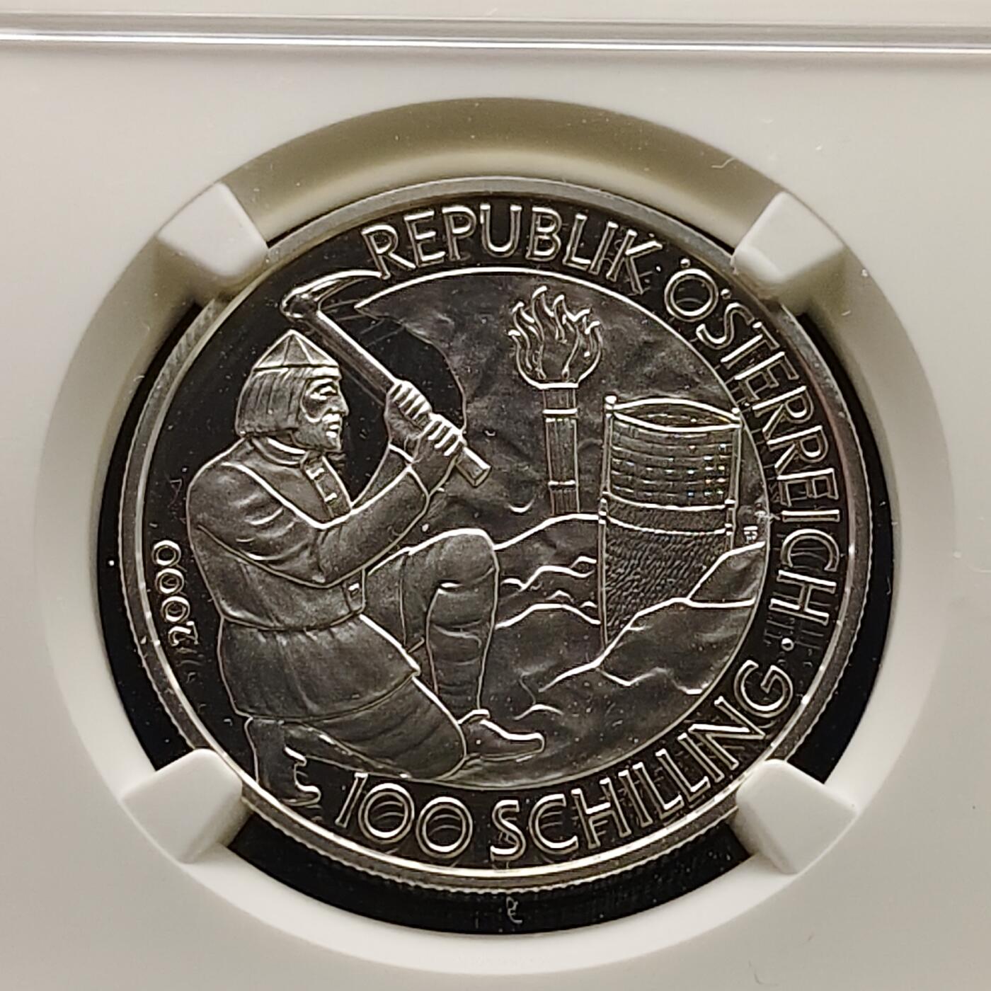 【全场包邮】纯粹捡漏拍499场-持续更新中 【收藏级·亚军分】奥地利2000年100先令盐矿工人精制纪念银币【34毫米20克90%，纯银价约504元（按28元银价估算）】-NGC PF69 ULTRA CAMEO（更高分仅4枚）