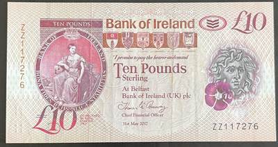 小福收藏拍卖第199期 裸钞场 本期有多张豹子号靓号 瑞士1000法郎 经典提香 毛里求斯首发年大全套 白俄罗斯5000000卢布 苏里南10000盾  爱沙尼亚  苏丹 西班牙 保加利亚 古巴等多国精美纸币 - 北爱尔兰 爱尔兰银行 2017年 10镑 ZZ 补号 塑料钞 ef