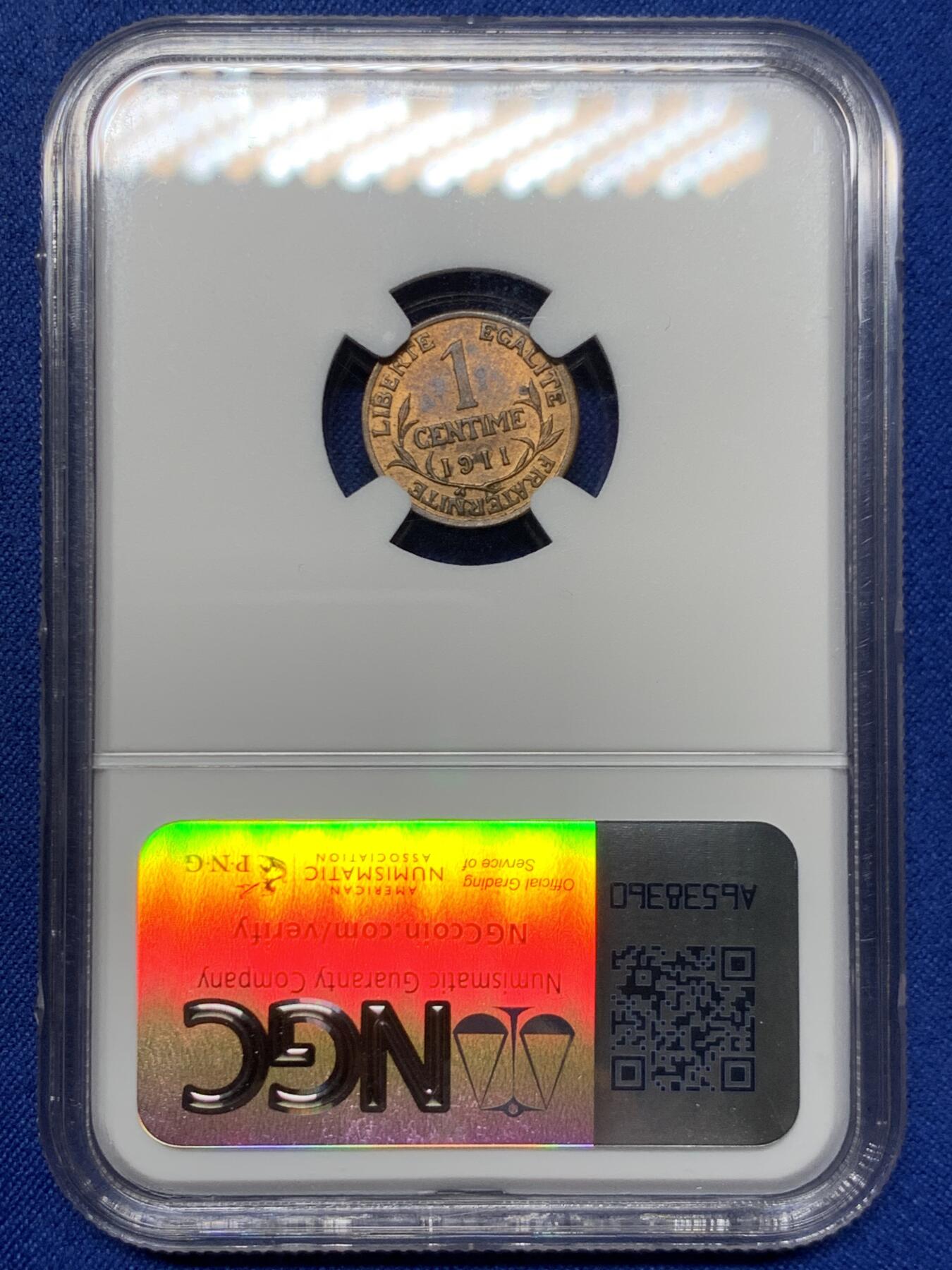 《竞宝斋》第461场 周日，周一，2场连拍 （全场包邮）欢迎送拍 NGC MS63RB 法国1911年1分铜币