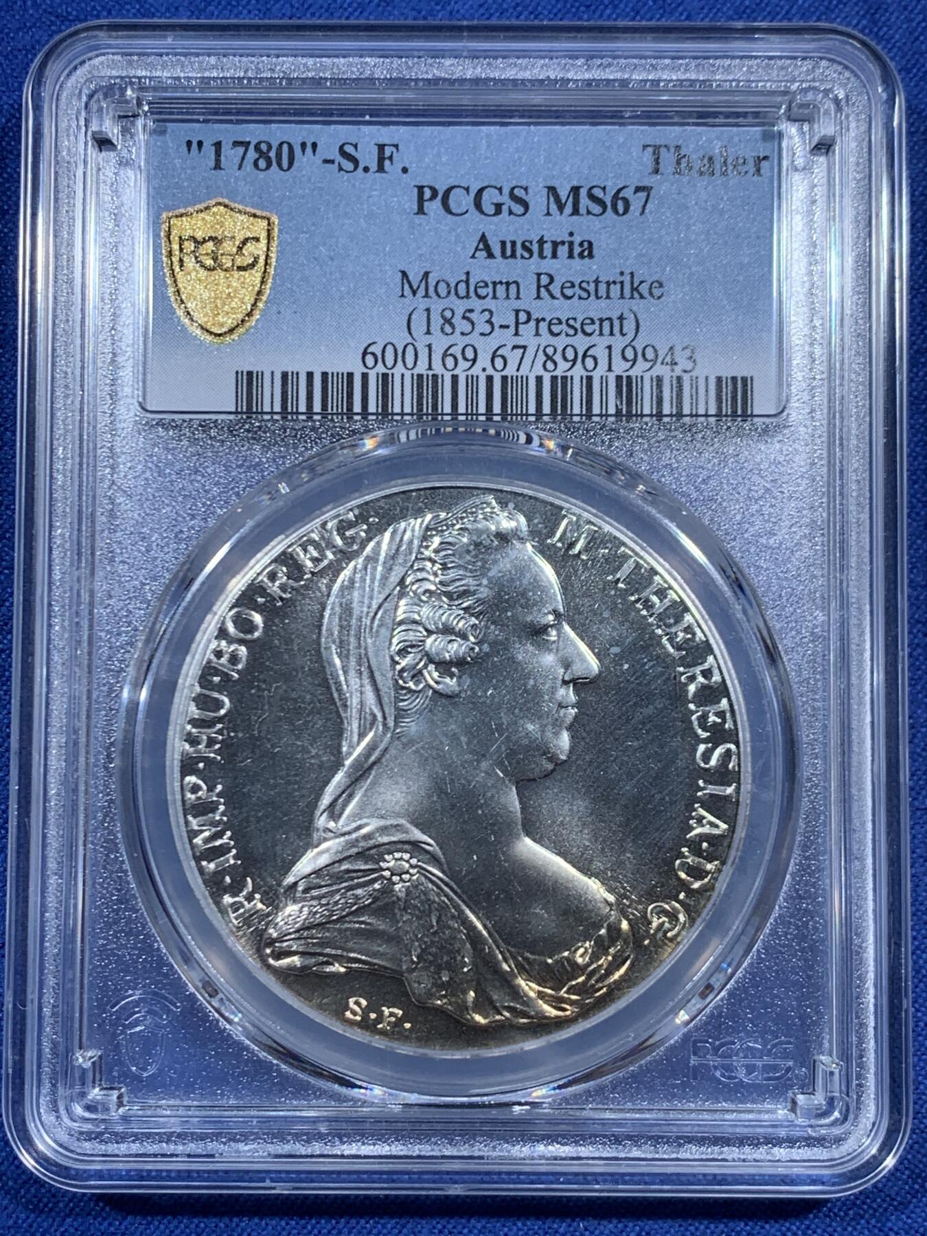 《竞宝斋》第461场 周日，周一，2场连拍 （全场包邮）欢迎送拍 PCGS MS67 奥地利1780大奶妈玛丽亚·特蕾莎皇后1泰勒银币 后铸版 背面支撑有磕
