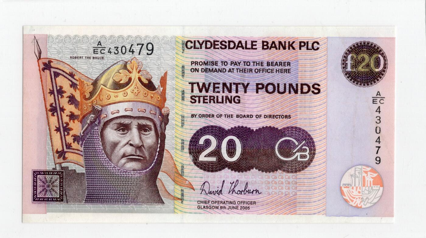 徐霞客拍卖首拍 苏格兰/克莱斯勒戴尔银行	P-229f 2005年20镑	au	A/EC 430479	票面人物是领导苏格兰赢得14世纪独立战争的民族英雄罗伯特·布鲁斯，这是克莱兹戴尔银行2005年为纪念新交易所启用发行的20英镑流通纪念钞，作为苏格兰发钞银行的首版签名藏品，其独特的历史设计与稀缺性兼具文化价值与升值潜力。