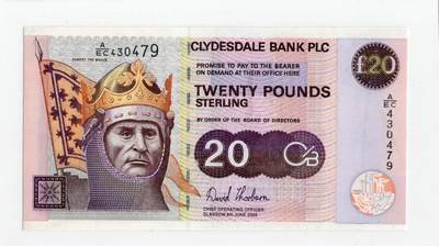 徐霞客拍卖首拍 - 苏格兰/克莱斯勒戴尔银行	P-229f 2005年20镑	au	A/EC 430479	票面人物是领导苏格兰赢得14世纪独立战争的民族英雄罗伯特·布鲁斯，这是克莱兹戴尔银行2005年为纪念新交易所启用发行的20英镑流通纪念钞，作为苏格兰发钞银行的首版签名藏品，其独特的历史设计与稀缺性兼具文化价值与升值潜力。