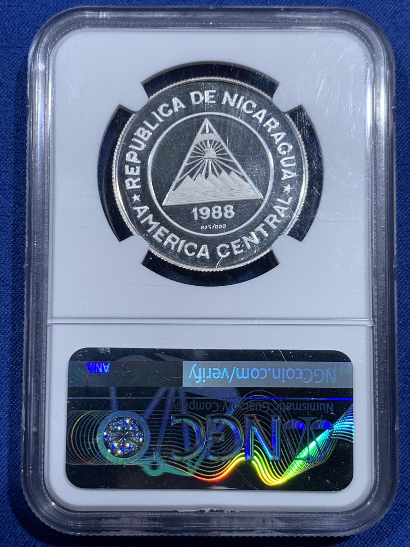 《竞宝斋》第461场 周日，周一，2场连拍 （全场包邮）欢迎送拍 NGC PF68UC 中美洲尼加拉瓜1988年卡尔加里奥运会滑雪50科多巴银币 16.6g 825银