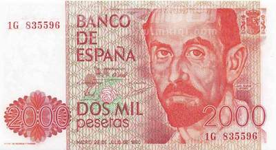 小福收藏拍卖第199期 裸钞场 本期有多张豹子号靓号 瑞士1000法郎 经典提香 毛里求斯首发年大全套 白俄罗斯5000000卢布 苏里南10000盾  爱沙尼亚  苏丹 西班牙 保加利亚 古巴等多国精美纸币 - 西班牙 1980年 2000比塞塔 无47 unc