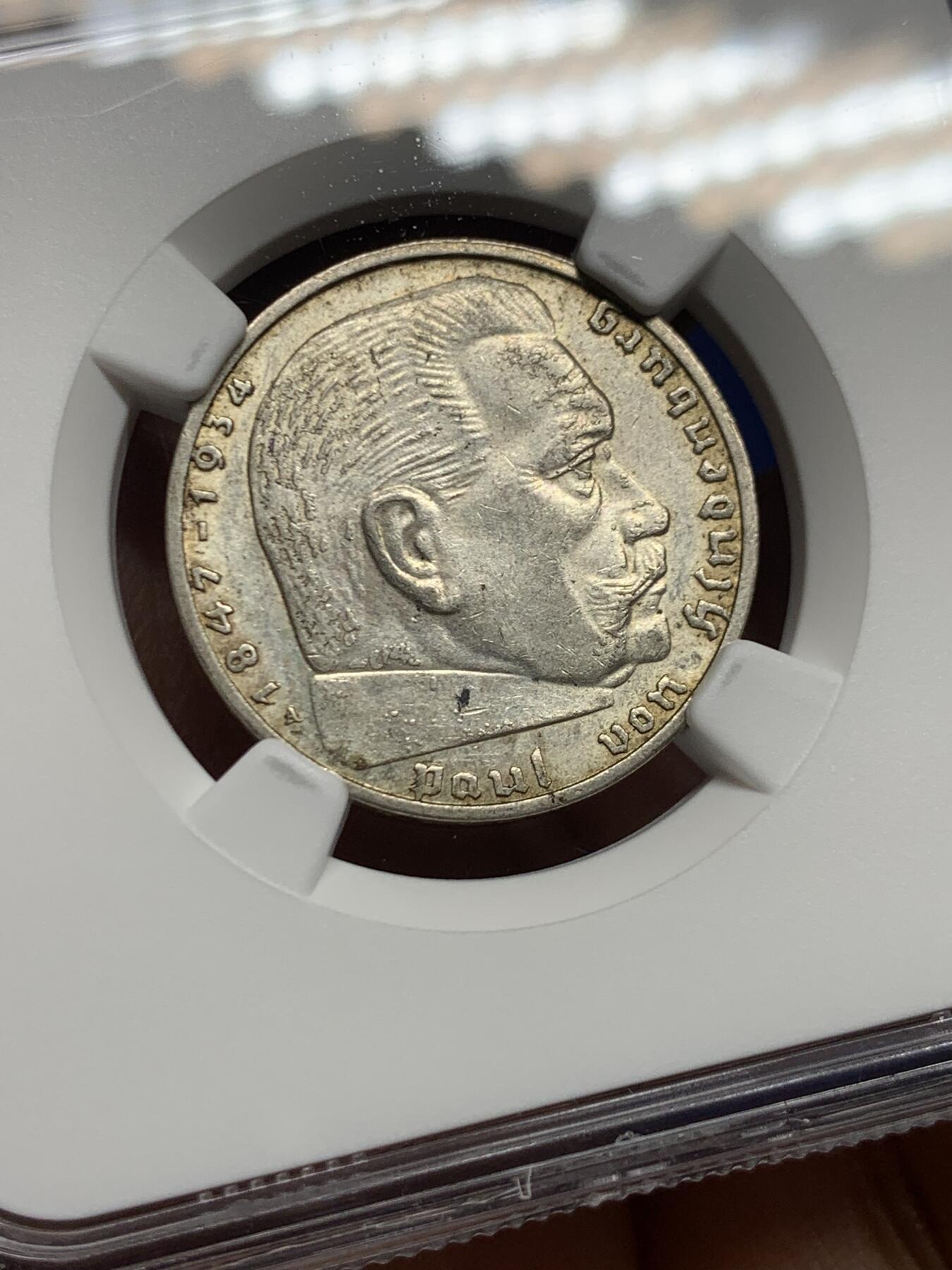 《竞宝斋》第461场 周日，周一，2场连拍 （全场包邮）欢迎送拍 NGC MS61 德国1939A兴登堡头像2马克银币，带符号，1939年是最后一年，比较少一点