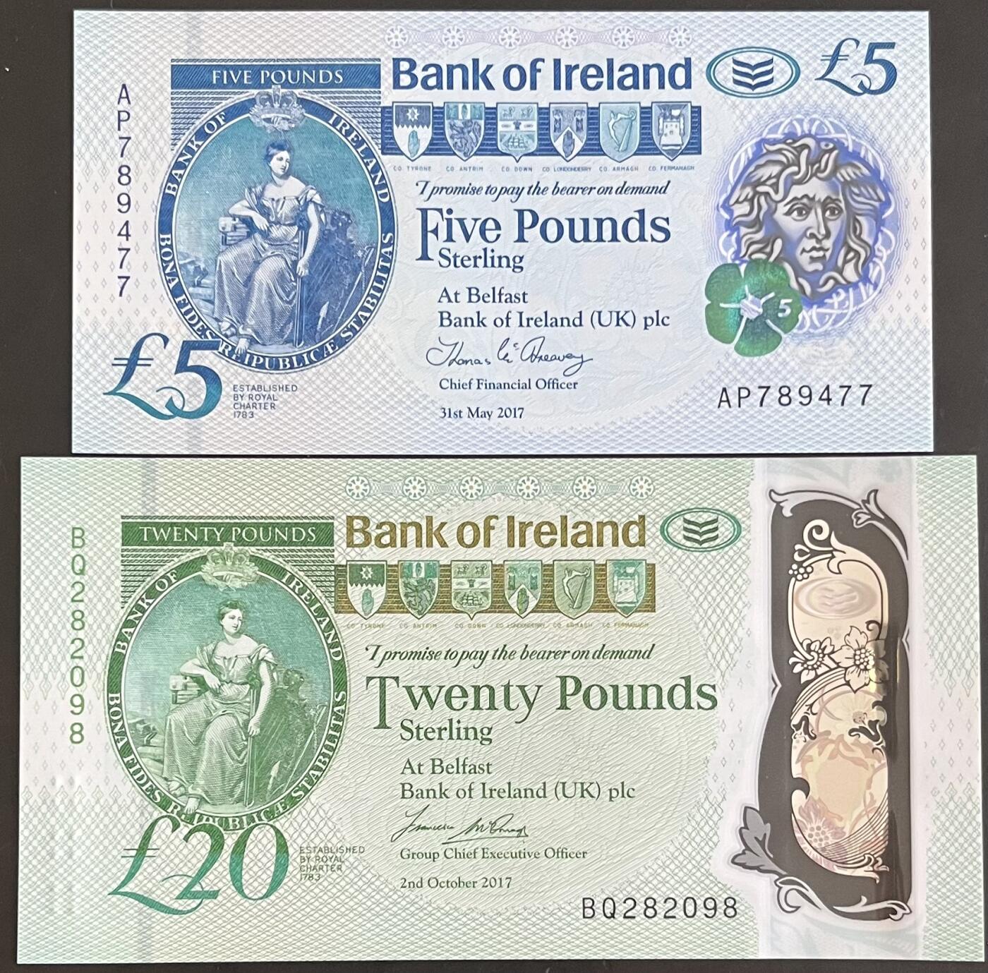 小福收藏拍卖第199期 裸钞场 本期有多张豹子号靓号 瑞士1000法郎 经典提香 毛里求斯首发年大全套 白俄罗斯5000000卢布 苏里南10000盾  爱沙尼亚  苏丹 西班牙 保加利亚 古巴等多国精美纸币 北爱尔兰 爱尔兰银行 2017年 5镑 双尾+20镑 无47 尾8 塑料钞 1组2张 unc