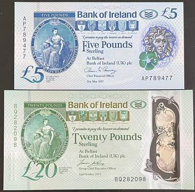 小福收藏拍卖第199期 裸钞场 本期有多张豹子号靓号 瑞士1000法郎 经典提香 毛里求斯首发年大全套 白俄罗斯5000000卢布 苏里南10000盾  爱沙尼亚  苏丹 西班牙 保加利亚 古巴等多国精美纸币 - 北爱尔兰 爱尔兰银行 2017年 5镑 双尾+20镑 无47 尾8 塑料钞 1组2张 unc