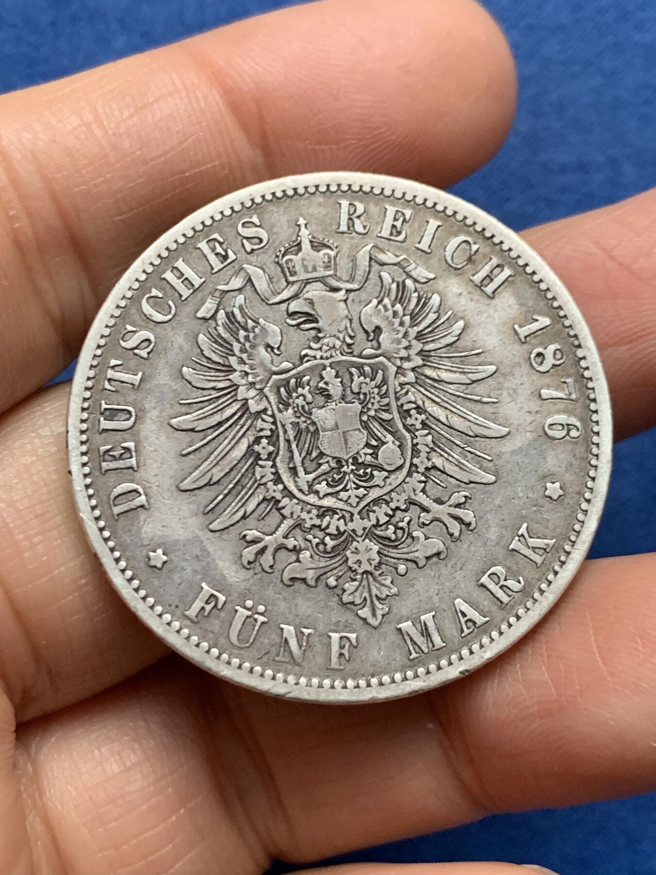 《竞宝斋》第461场 周日，周一，2场连拍 （全场包邮）欢迎送拍 德国 普鲁士 1876年 威廉一世 5马克 银币