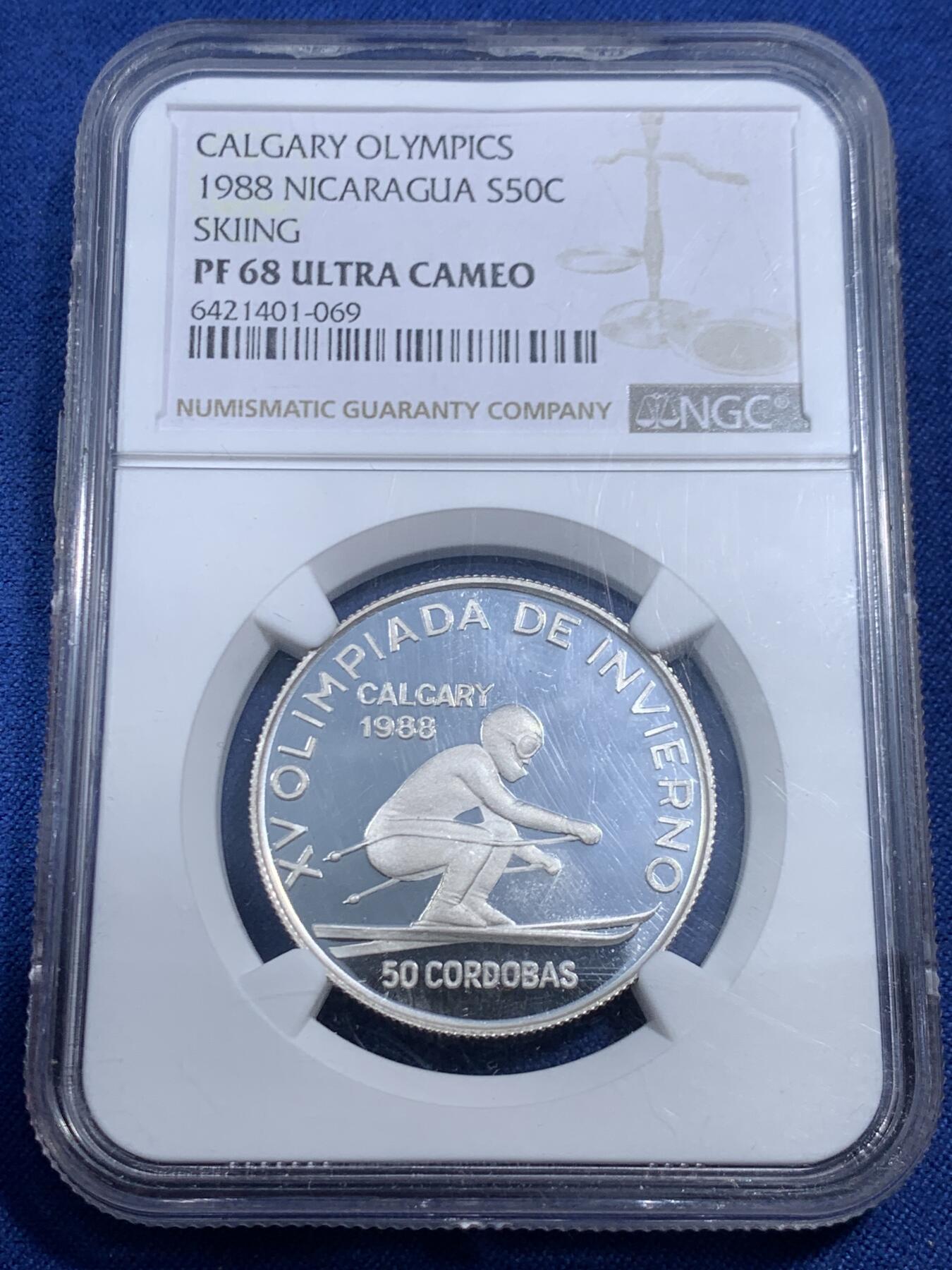 《竞宝斋》第461场 周日，周一，2场连拍 （全场包邮）欢迎送拍 NGC PF68UC 中美洲尼加拉瓜1988年卡尔加里奥运会滑雪50科多巴银币 16.6g 825银