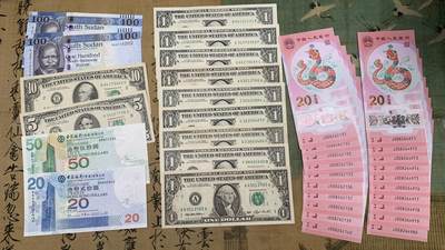 《竞宝斋》第461场 周日，周一，2场连拍 （全场包邮）欢迎送拍 - 蛇年纸币十连20张一组+24美元+70港币+200南苏丹 细节见图