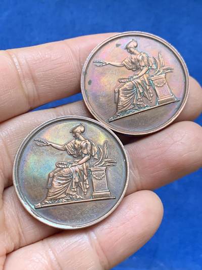 《竞宝斋》第461场 周日，周一，2场连拍 （全场包邮）欢迎送拍 - 两枚一组 法国塔恩-加龙省科技与艺术展纪念铜章 总重约31克 33.3mm