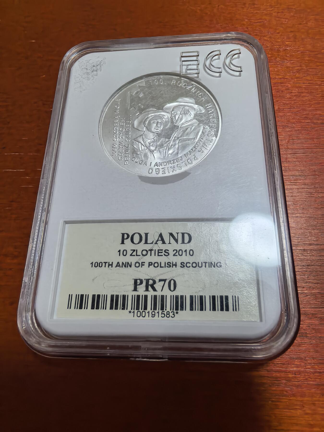 长老汇蛇年精选第九十五场拍卖 2010波兰童子军百年10兹罗提局部彩色精制银币，ECC（波兰本土评级公司） PR70