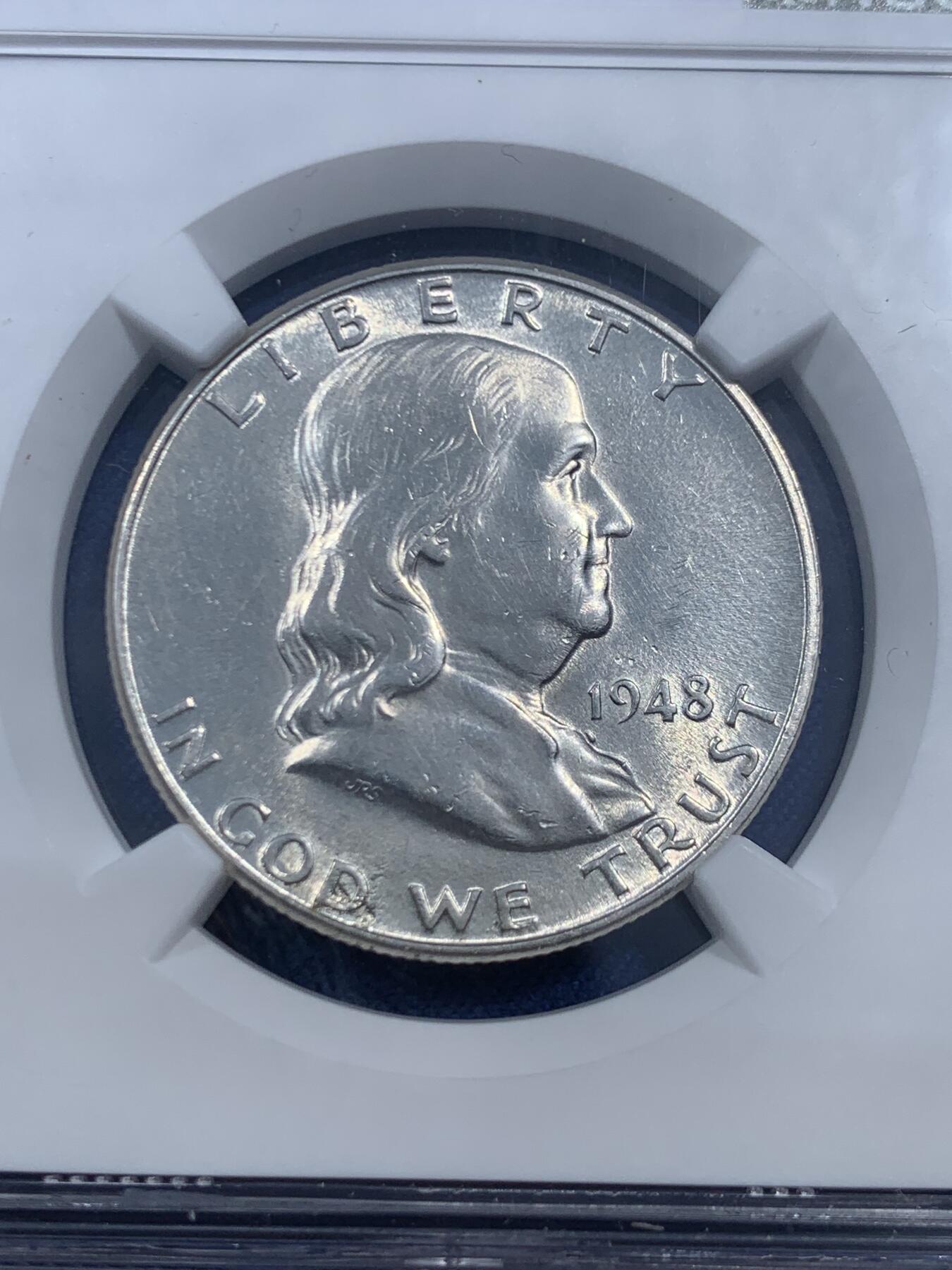 《竞宝斋》第461场 周日，周一，2场连拍 （全场包邮）欢迎送拍 NGC UNCD 美国1948D富兰克林50美分银币 首年版