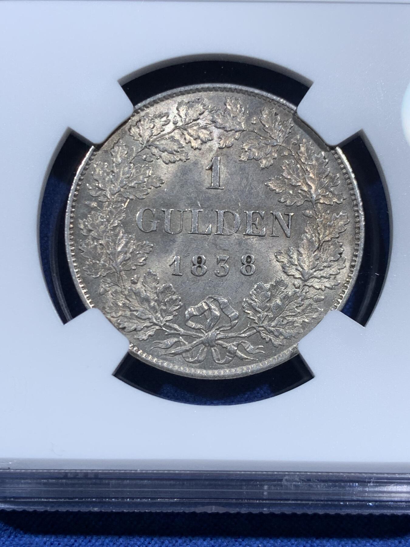 《竞宝斋》第461场 周日，周一，2场连拍 （全场包邮）欢迎送拍 NGC UNCD 德国巴登1838利奥波德一盾银币，光度状态都很不错，可以尝试重评