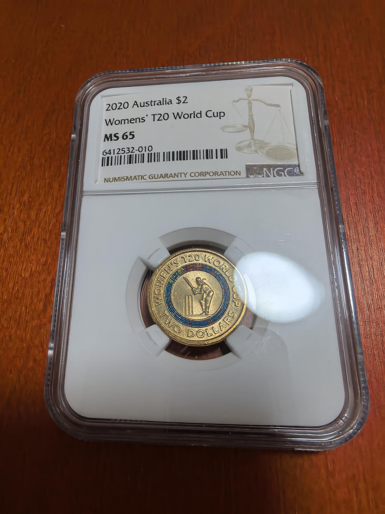 长老汇蛇年精选第九十五场拍卖 2020澳大利亚女子板球世界杯2元彩色铜镍币，NGC MS65