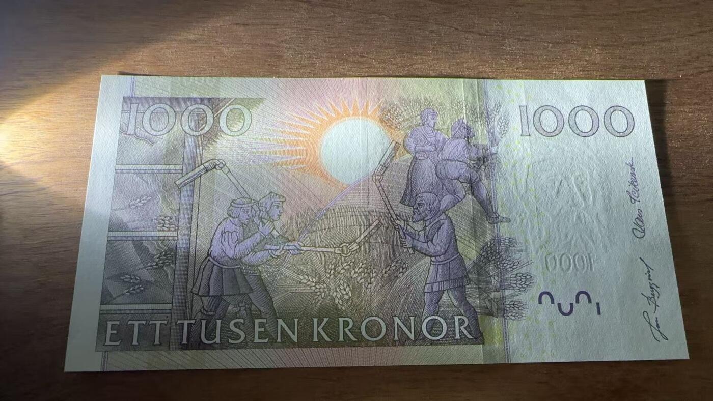 徐霞客拍卖首拍 	瑞典	P-67 2005年1000克朗 508754674	unc-	 票面人物是16世纪瑞典商人、探险家奥洛夫·范·达耶（Olof von Dalin），他是瑞典海外贸易与殖民探索的代表人物，背景是中世纪瑞典港口城市的图景，作为瑞典高面值流通纸币，其历史人物设计与精细印刷工艺使其兼具实用价值与收藏属性。		