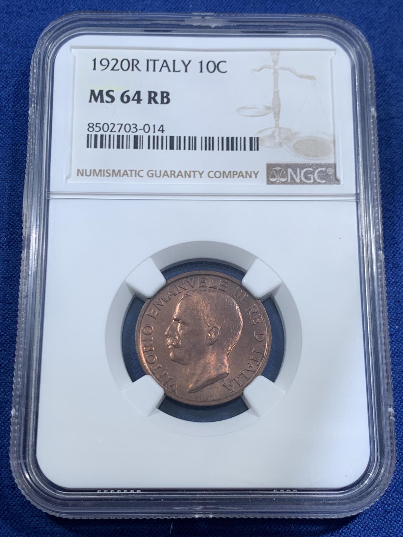 《竞宝斋》第461场 周日，周一，2场连拍 （全场包邮）欢迎送拍 NGC MS64RB 意大利1920年小蜜蜂10分，古典主义风格代表作品，极美的设计，原铜光不容易