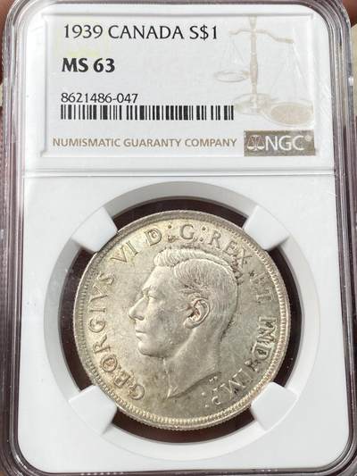 万国钱币拍卖第059期 - NGC MS63 1939英属加拿大乔治六世一元 原味淡彩转光好品