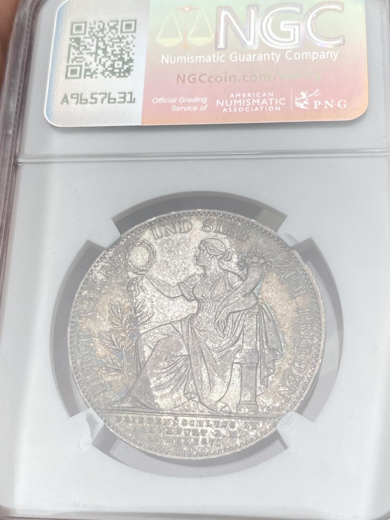 万国钱币拍卖第059期 NGC AU55 1871德国巴伐利亚路德维希二世普法胜利泰勒 经典拜仁胜利女神 原味德式五彩 观感远超分数的状态