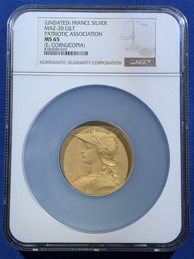 《竞宝斋》第461场 周日，周一，2场连拍 （全场包邮）欢迎送拍 - NGC MS65 罗蒂作品 戎装玛丽安娜镀金银章 50mm 丰饶角边铭+argent 银标 战争动员 卫国练兵 主题银章