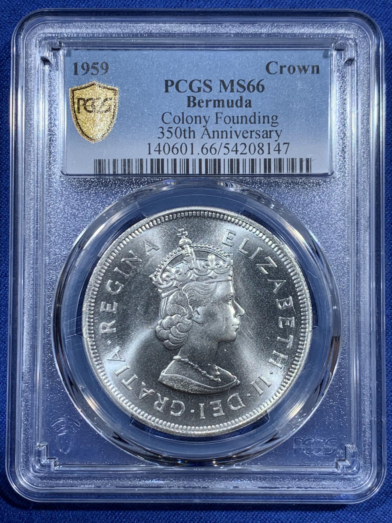 《竞宝斋》第461场 周日，周一，2场连拍 （全场包邮）欢迎送拍 PCGS MS66 英属百慕大1959年伊丽莎白二世1克朗大银币