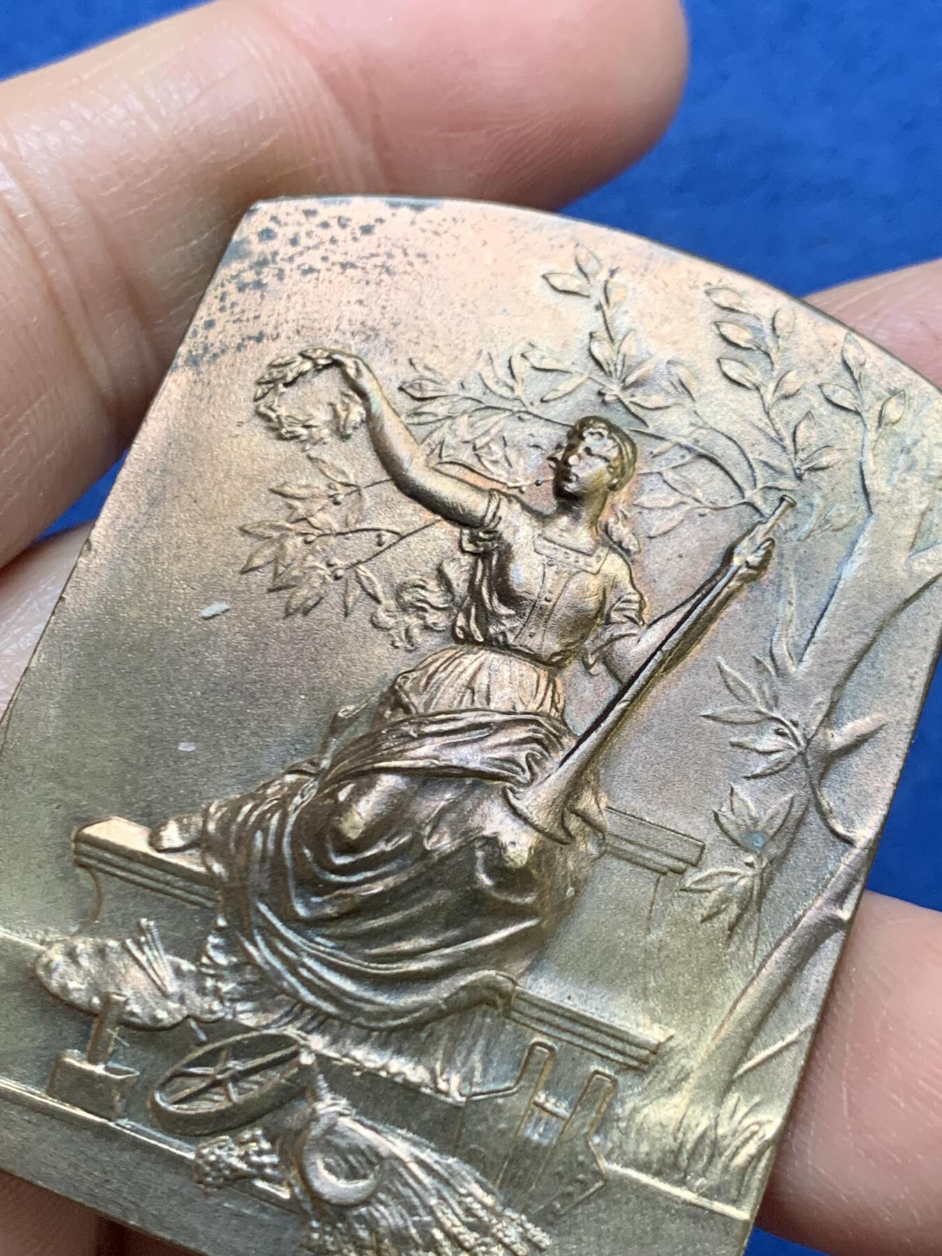 《竞宝斋》第461场 周日，周一，2场连拍 （全场包邮）欢迎送拍 法国尚贝里博览会铜章，一位古典女性形象，手持花环（象征荣誉或胜利），身旁有树枝装饰，下方有植物和器物图案（象征艺术或文化），49.7克，40*52.2mm，丰饶角铜标。