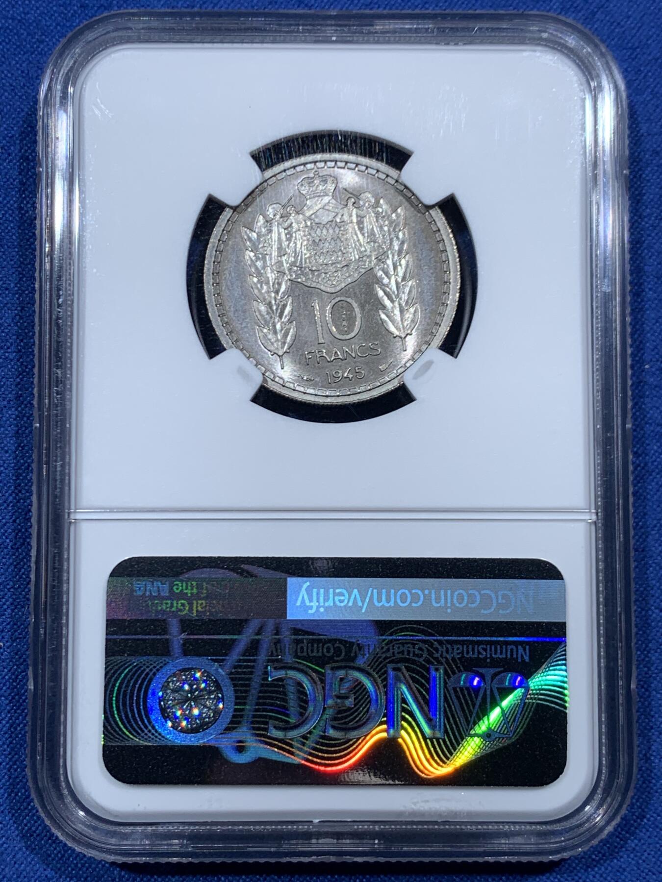 《竞宝斋》第461场 周日，周一，2场连拍 （全场包邮）欢迎送拍 NGC MS65 摩纳哥 1945年 10法郎 样币 值得入藏