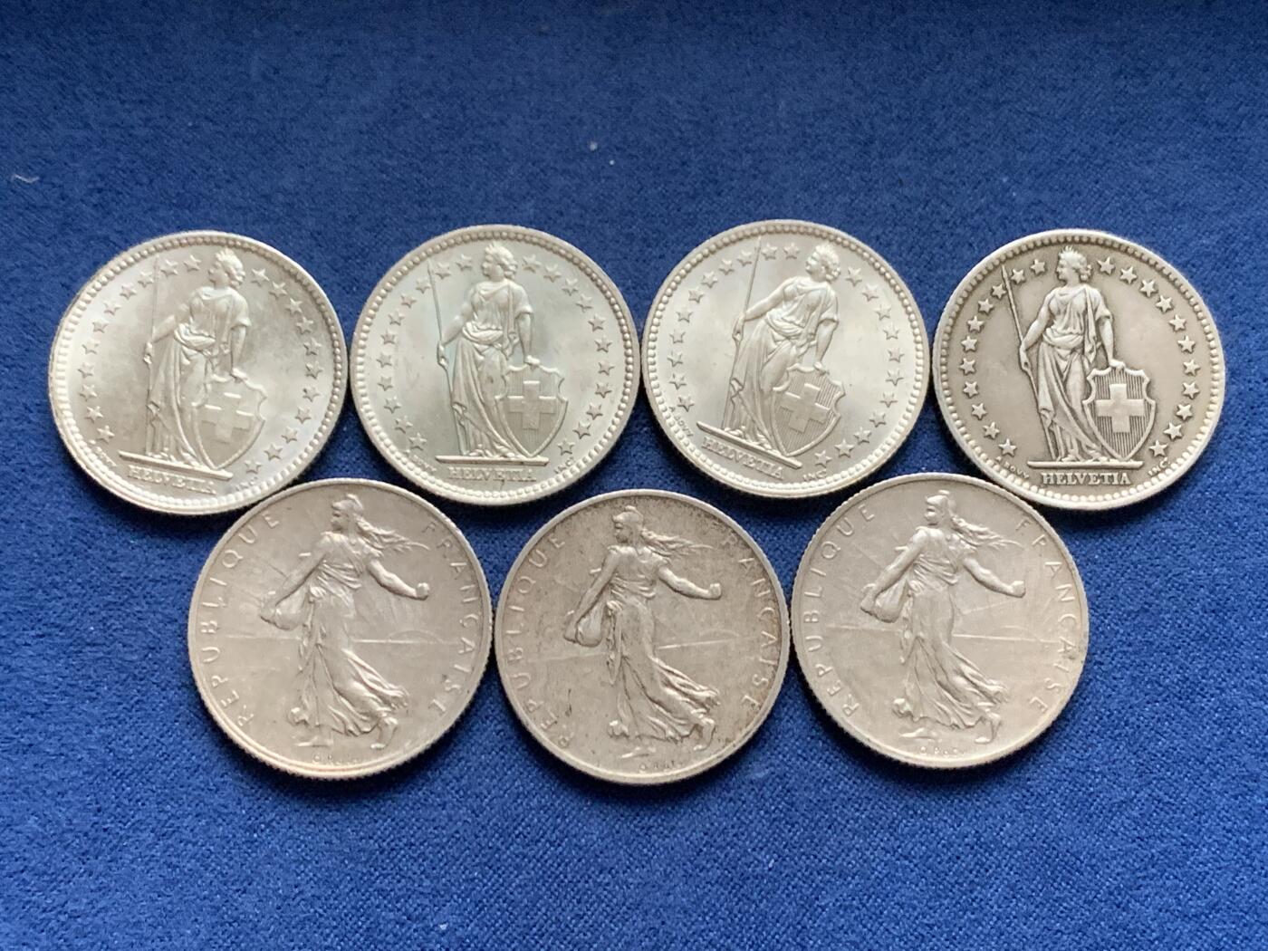 《竞宝斋》第461场 周日，周一，2场连拍 （全场包邮）欢迎送拍 七枚一组 2法郎银币 瑞士雪山女神4枚+法国播种女神3枚 总重69.85克